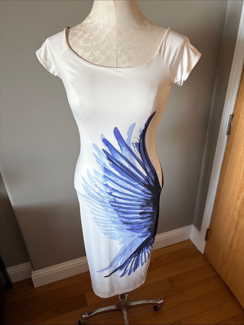 Bebe Addiction White Midi Dress with Blue Wing Print in Small